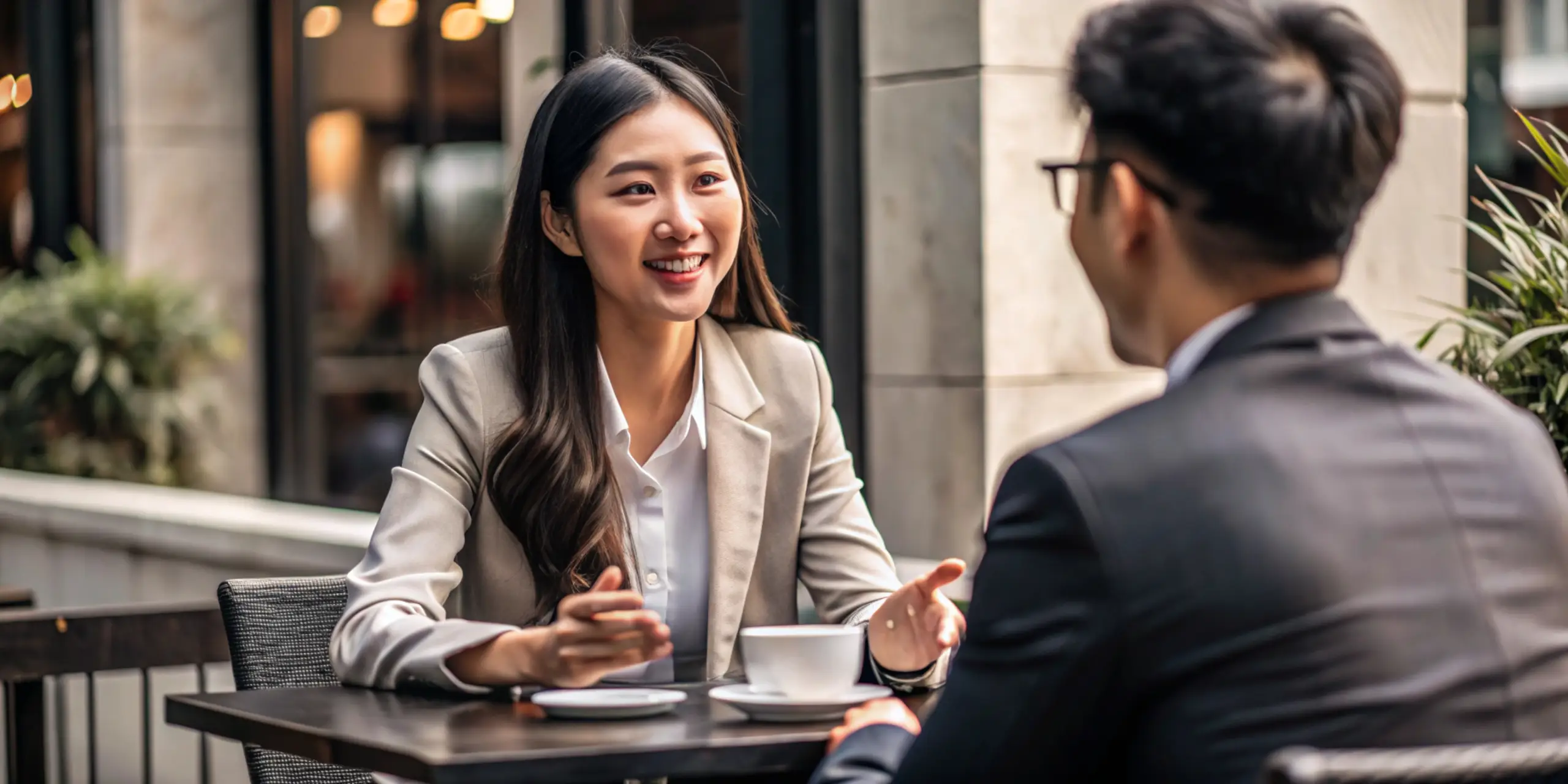 Cheerful young woman talking to his friend colleague in an outdoor cafe